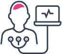 Line art icon of a person with electrodes on their chest connected to a heart monitor displaying a pulse waveform, with the brain and electrode points highlighted in pink, symbolizing medical data or patient monitoring.