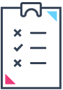 Icon of a clipboard with a checklist, featuring checkmarks and crosses, with decorative blue and pink corner accents