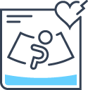 Line art icon of a prenatal ultrasound image showing a fetus with a dollar sign, a heart with a lightning bolt in the top right corner, and a blue section at the bottom, symbolizing medical or financial aspects of pregnancy care.