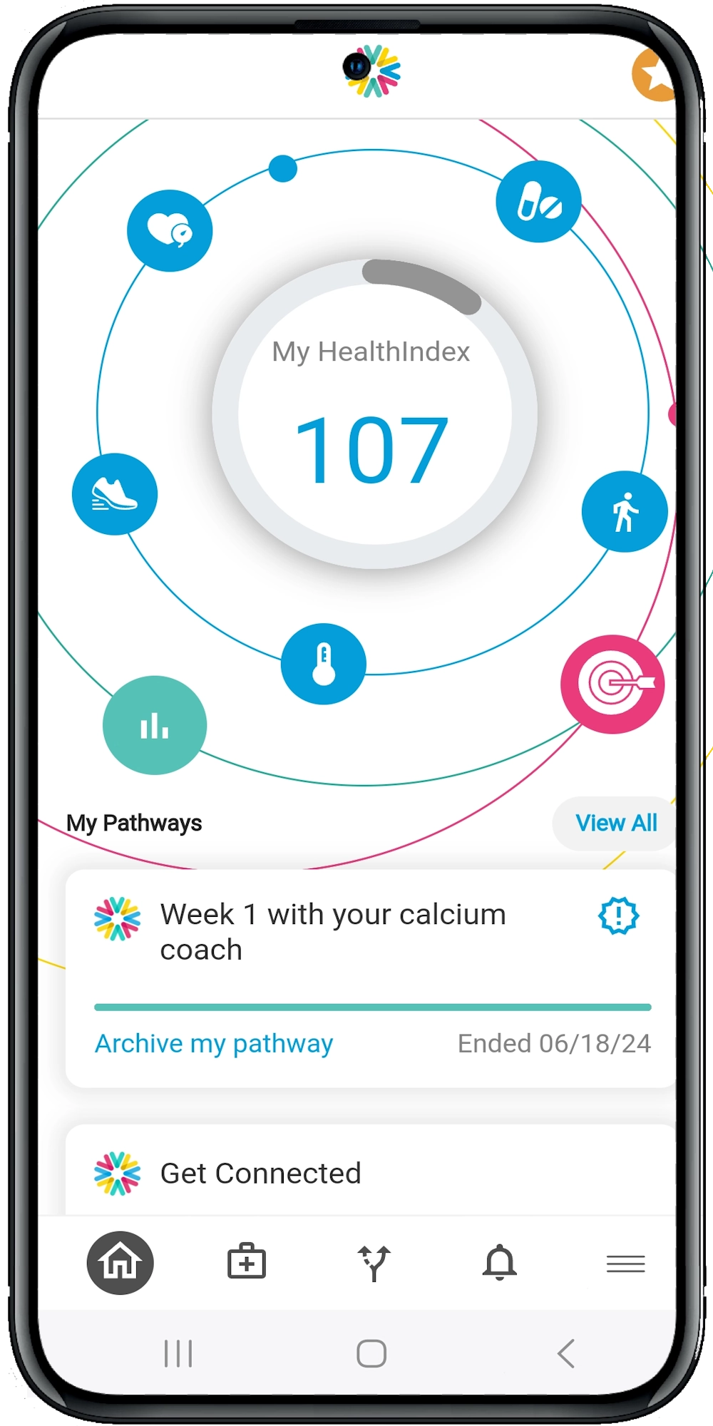 Mobile screen showing the Calcium app's HealthIndex interface with a score of 107, surrounded by icons representing different health metrics like activity, heart rate, temperature, and goals. Below, a progress card for 'Week 1 with your calcium coach' and a 'Get Connected' section are visible.