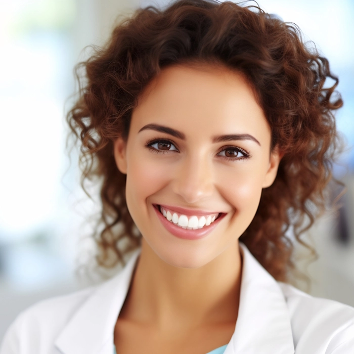 Smiling female doctor with curly hair wearing a white coat