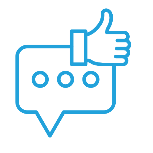 Blue icon of a thumbs-up hand gesture above a chat bubble with three dots, symbolizing positive feedback or approval in communication.
