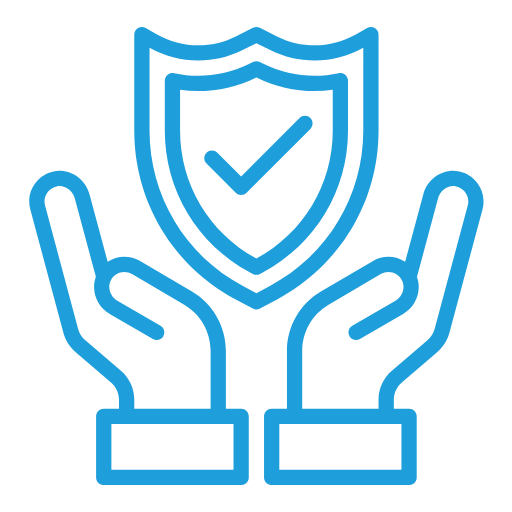 Blue icon showing two open hands holding a shield with a checkmark, symbolizing protection, health safety, or trusted care.