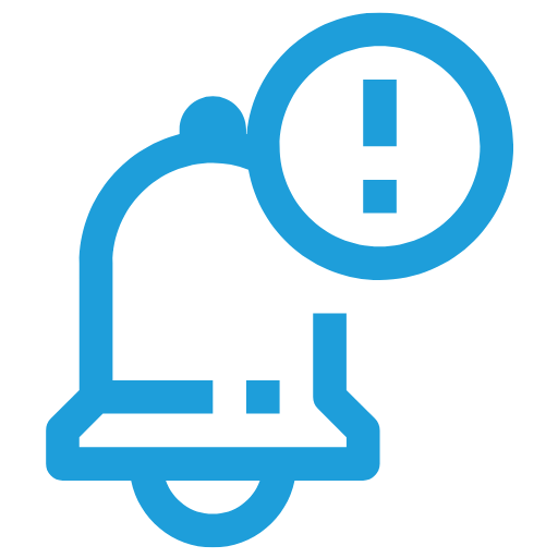 Blue icon of a warning or alert symbol above a medical monitor or patient bed, representing a healthcare alert, medical warning, or patient risk notification.